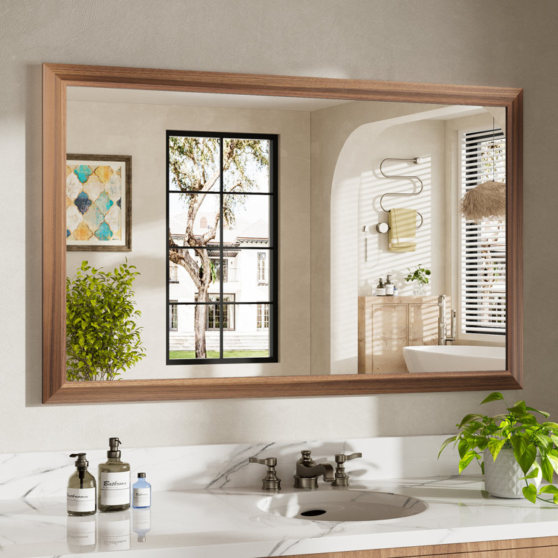 Miroirs de salle de bain modernes et contemporains en métal biseauté rectangulaire / carré avec verre trempé HD, Bois brun