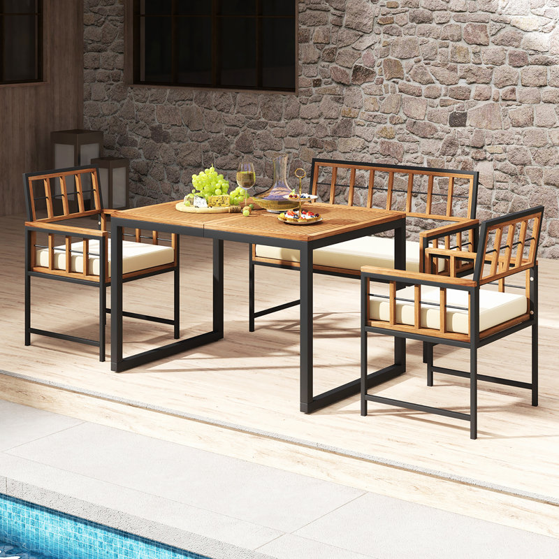  Ensemble de salle à manger 4 pièces en bois d'acacia avec 1 table rectangulaire, 1 causeuse et 2 fauteuils