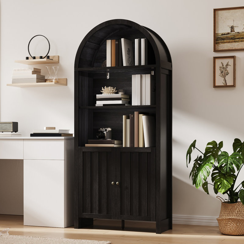 William 71" Tall Farmhouse Bookshelf with Arched Top & Storage Cabinet, Black