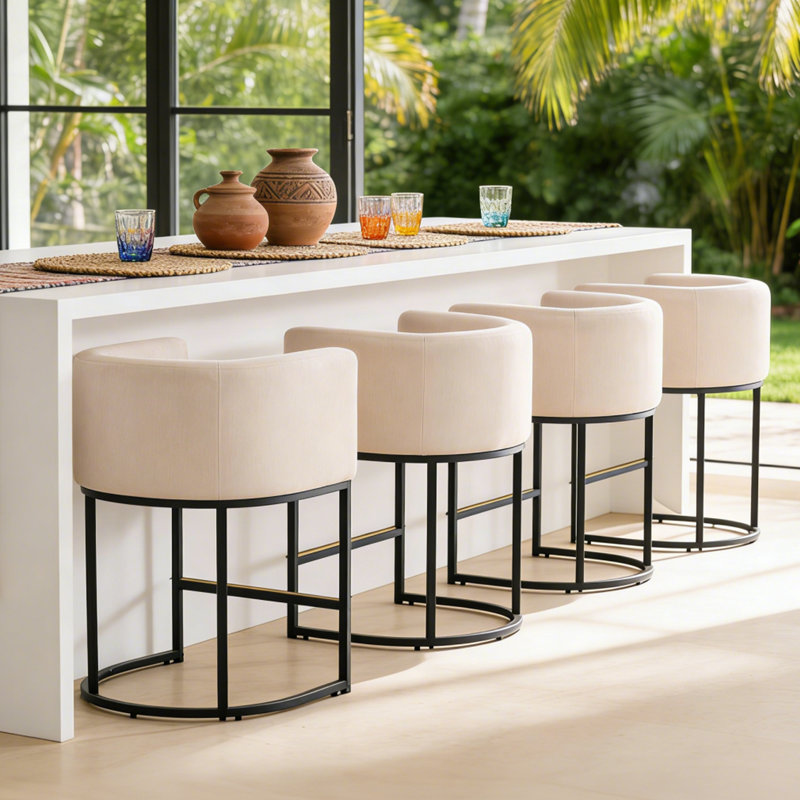 26" Upholstered Barrel Counter Stool, 4, White, Black