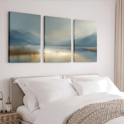 Mountain Lake Landscape Canvas Wrapped Wall Art Oil Painting Print Set Of 3 For Living Room Decor