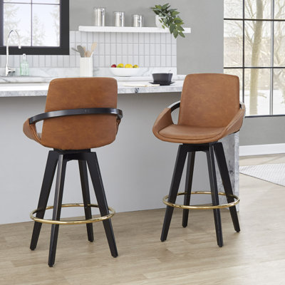 Whitacre 26" Fixed-Height Camel Faux Leather Counter Stools with Black Wood Legs & Round Footrest