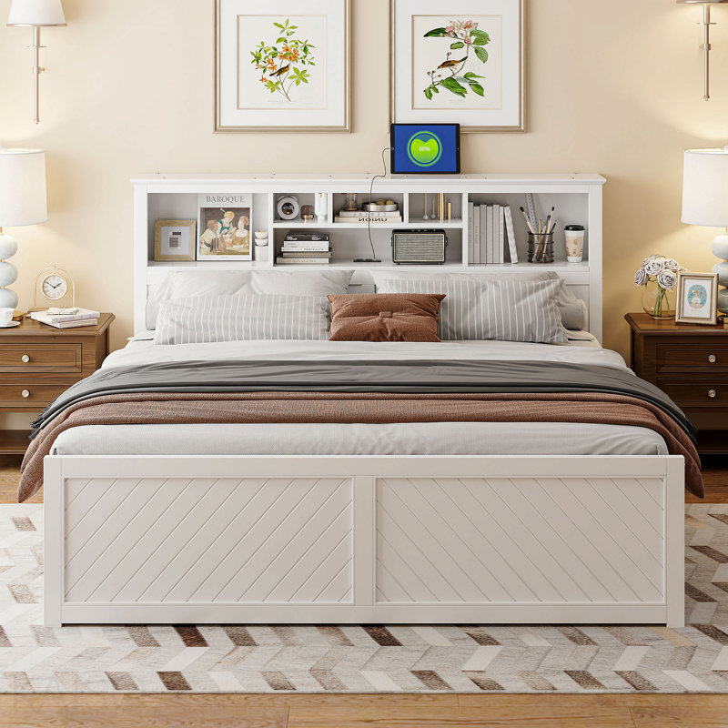 Lit plateforme très grand en bois avec tête de lit multi-rangement, USB et tiroirs, blanc, Blanc