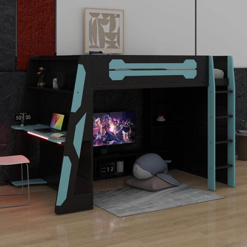 Lit mezzanine double en bois avec bureau, tablettes multiples et lumière RVB, Bleu nuage