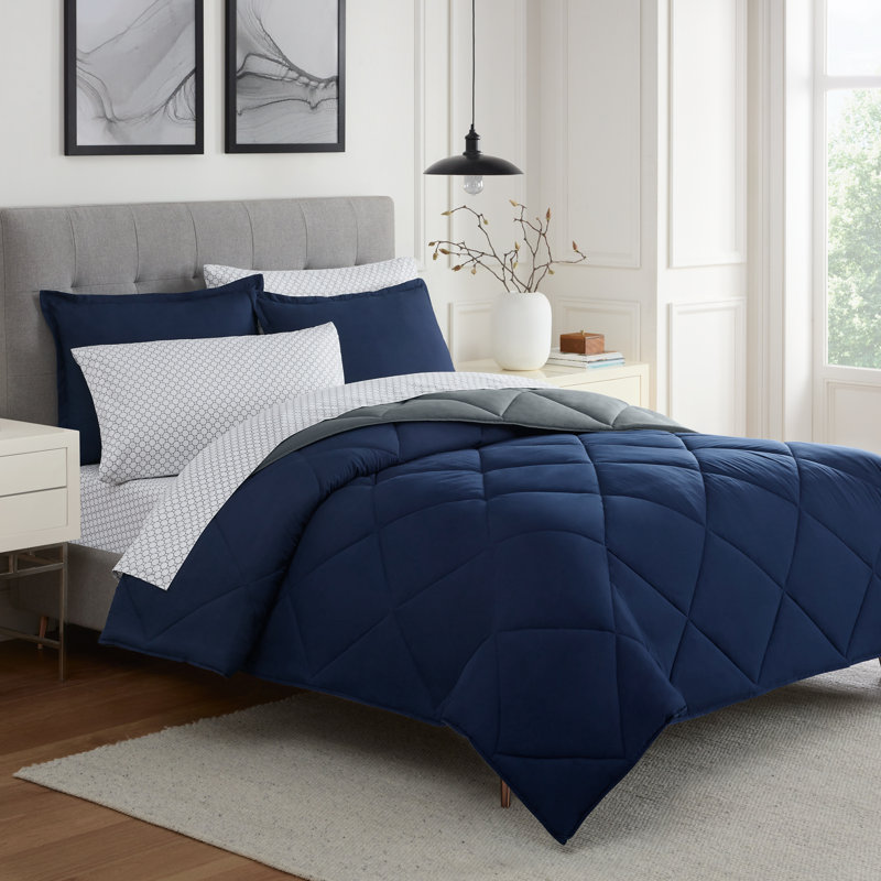 Eclipse Sleep Solutions Moore Cooling Bedding Set, Twin Extra Long Comforter + 4 Additional Pieces, Navy/Gray