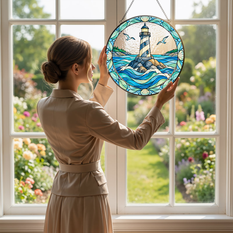 Art mural sur toile avec phare bleu sur des rochers avec des mouettes, H 12 po