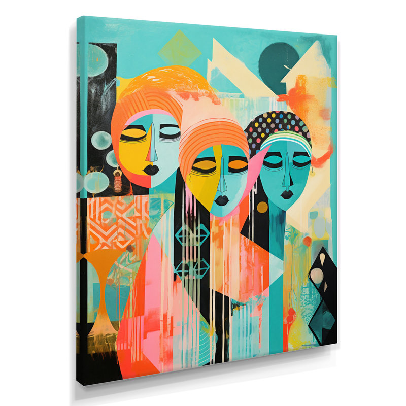 Serene Devotion Three Turquoise Woman Praying - Abstract Collages, impression d'art mural, H 20 po x l 12 po x P 1 po