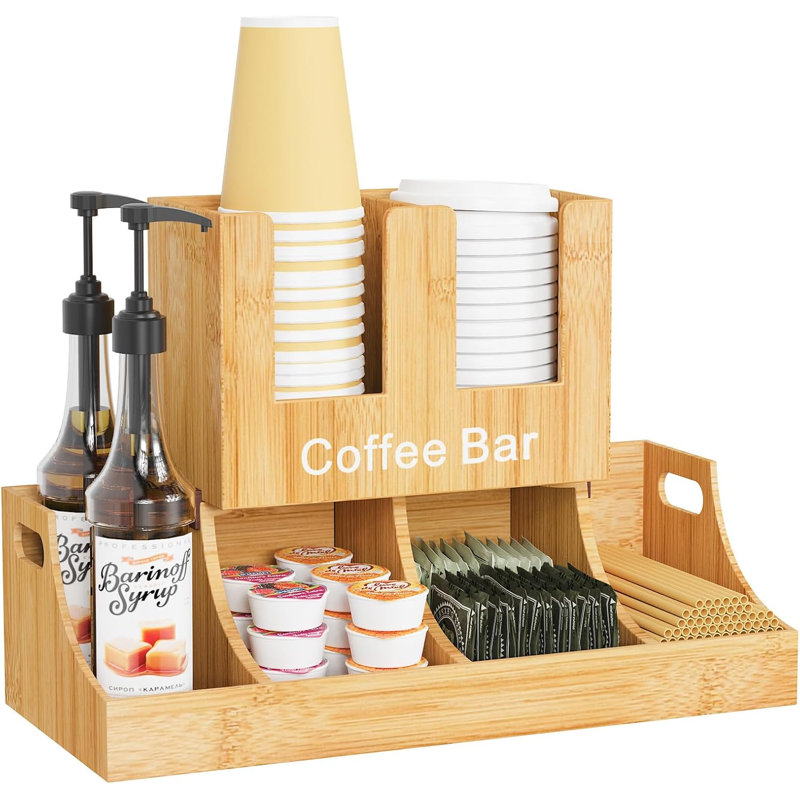 Organisateur de station de café, organisateur de bar à café en bambou pour le comptoir, organisateur de rangement de condiments et de tasses, accessoires de bar pour la cuisine, le bureau, la maison