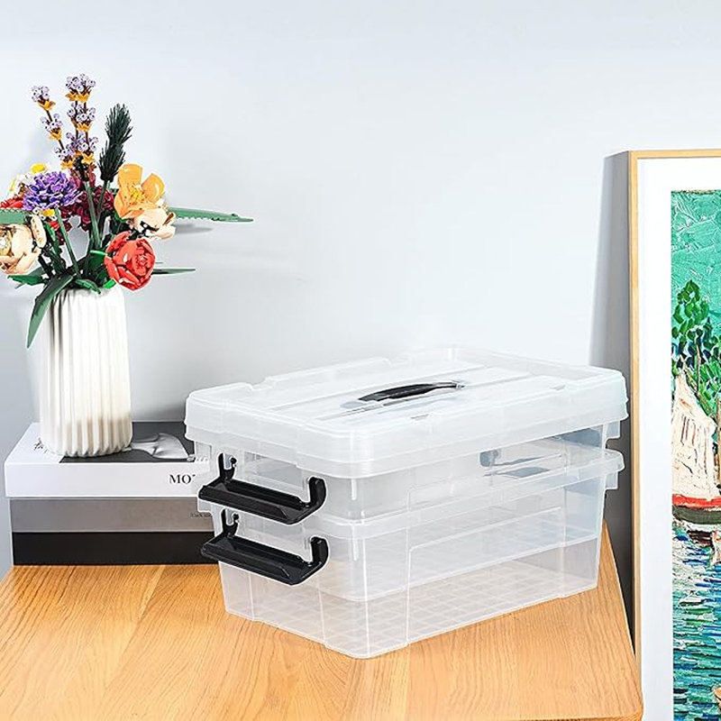 Lidded Storage Bin With Handle, Tote Organizing Container With Durable Lid And Secure Latching Buckles, Stackable And Nestable, Plastic, 16 Quart-4 Pack, Clear