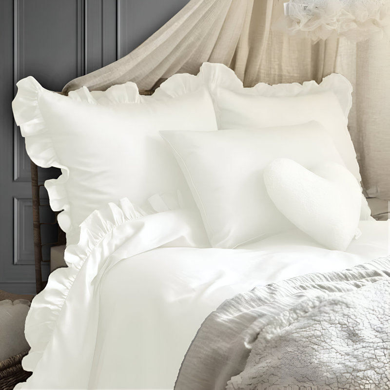 400TC Cotton Sateen Ruffle Cotton 4 Piece Sheet Set Fitted Sheet Fits Upto 16" Deep Pocket, King Sheet Set, White