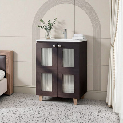 Meuble-lavabo compact avec portes en verre givré, lavabo en résine et 2 tablettes