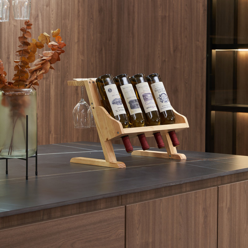 Tygan 4 Bottle Tabletop Wine Bottle & Glass Rack, Natural