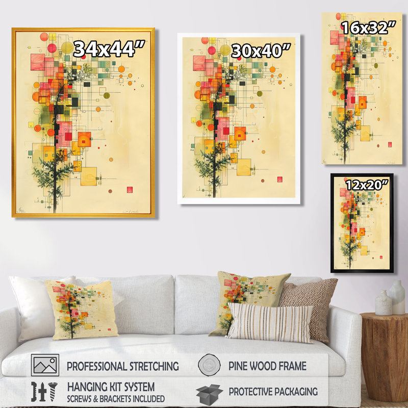 «Subtle Tree Realms Retro Colors Pencil - Abstract Midcentury», art mural, Toile avec cadre flottant brun