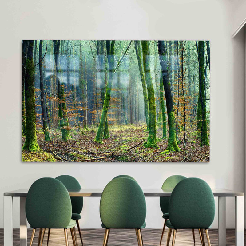 Art mural vert en verre trempé avec des images de forêt et d'arbres pour la décoration intérieure, H 9,1 po x l 14,2 po