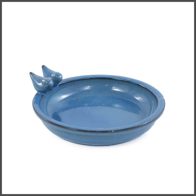 Handmade Ceramic Bird Bath, 11.8 Inch Blue Outdoor Bird Bath Bowl with Vintage Bird Ornaments, Garden Birdbath for Yard, Patio, Backyard Decor, Also Works as Wild Bird Waterer