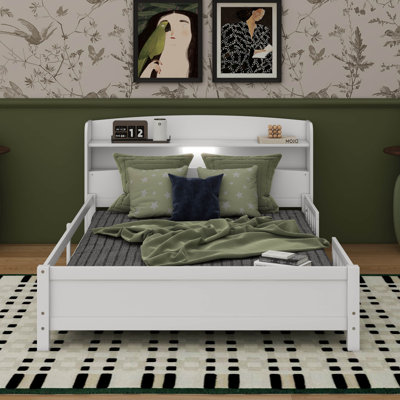 Lit double avec tête de lit à rangement et garde-corps, lit plateforme double en bois avec lumière DEL intégrée