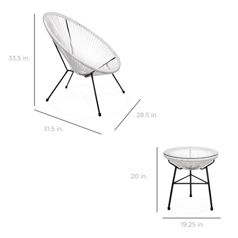 Harijs 3-Piece All-Weather Patio Acapulco Bistro Furniture Set w/ Rope, Glass Top Table, White