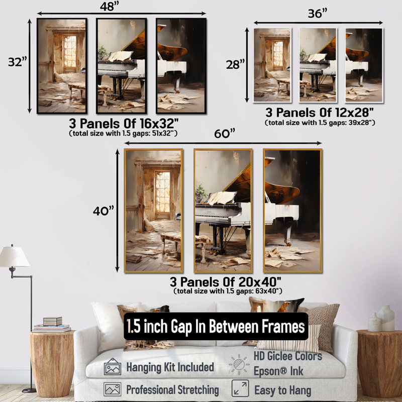 Rustic Grand Piano Melody - Piano, art mural, H 28 po x l 36 po x P 1 po, Cadre flottant noir
