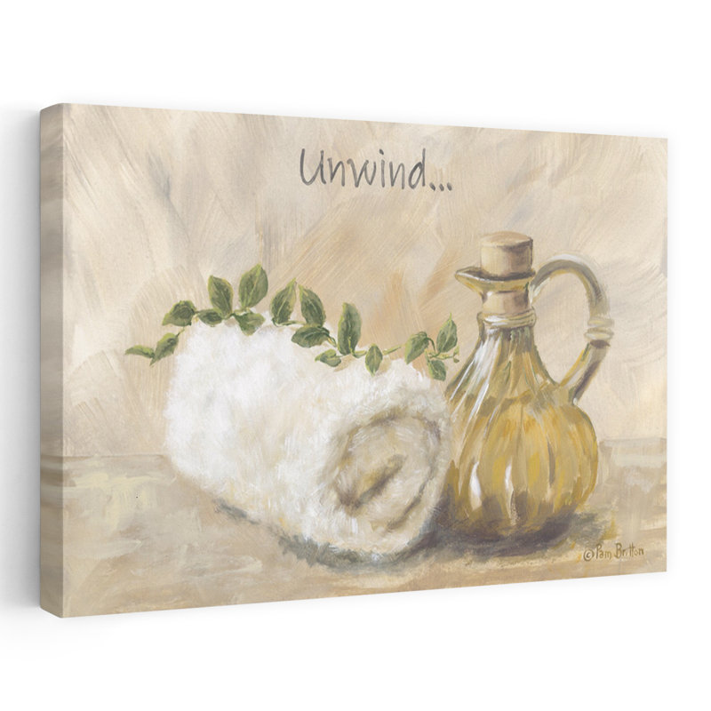 «Unwind In The Bath» - Art contemporain sur le thème de la serviette pour bouteille d'huile de spa et de la verdure