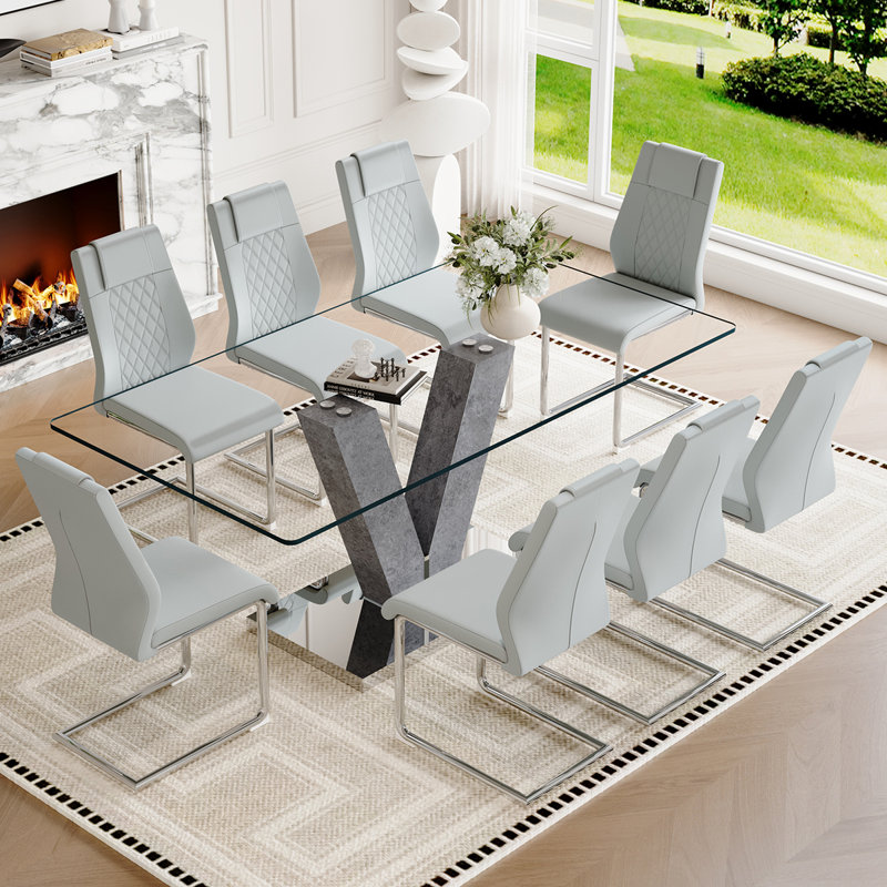 Ensemble de table de salle à manger 71 po en verre trempé 71 po pour 6 à 8 personnes - Ensemble de salle à manger en verre trempé avec chaises en cuir synthétique