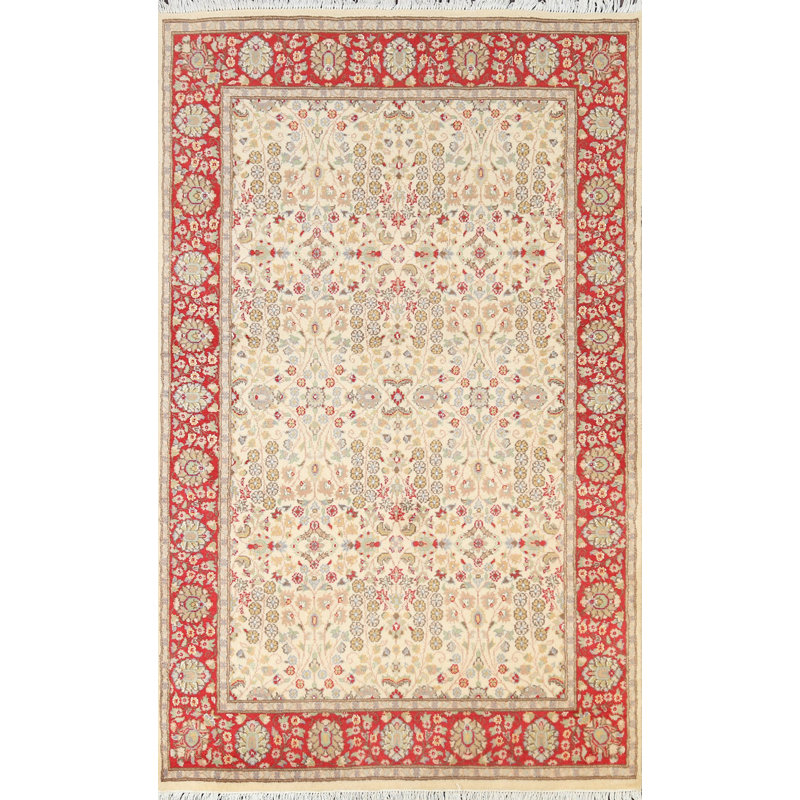 Tapis beige en laine et en soie noué à la main de conception unique 4 pi x 6 pi 3 po
