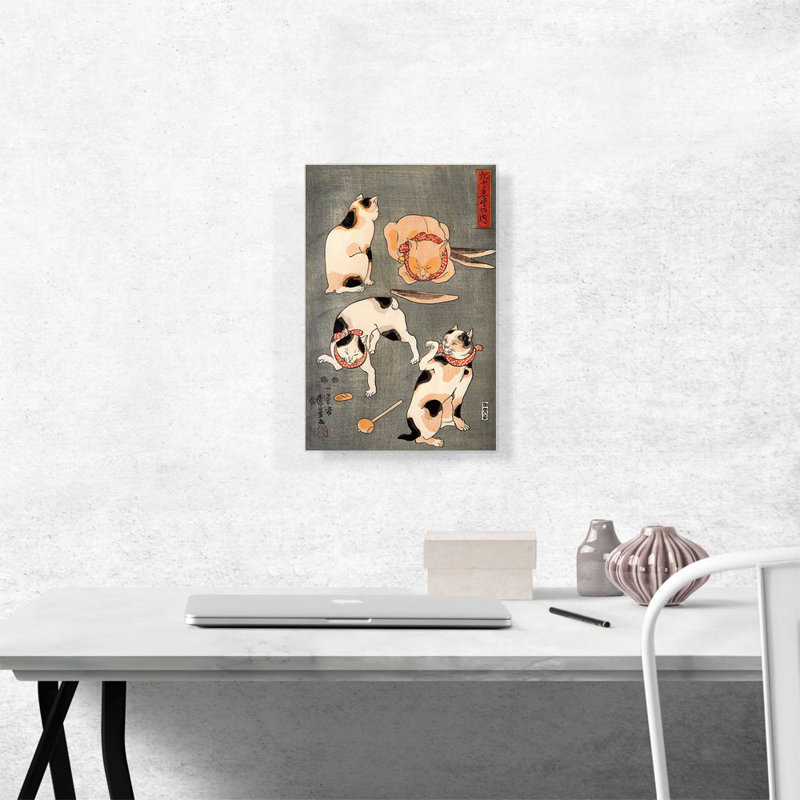 " Four Cats In Different Poses " by Utagawa Kuniyoshi, 12" H x 18" W x 0.75" D