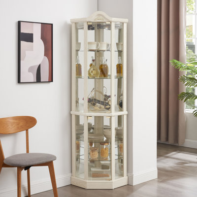 Vitrine d'angle vitrée avec vitrine d'angle lumineuse, vitrine avec éclairage (incluse), bar à vin, armoire à vin avec tablettes réglables en verre, décoration sculptée BLANC, lumière (incluse)