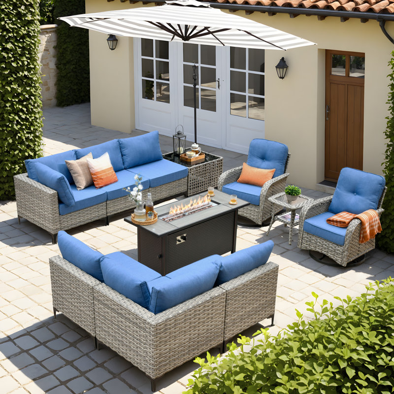 10 Piece Patio Furniture With Fire Pit Table, Outdoor Rattan Wicker Conversation Set With Glowing Coffee Table, Comfy Sectional Sofa Set With Swivel Rocking Chairs For Porch Balcony Backyard Pool