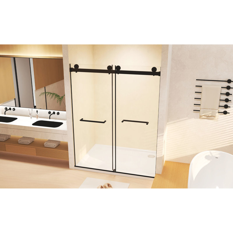 Double Sliding 56 - 60 "W X 74" H Shower Door, 8Mm Tempered Glass, Matte Black, Stainless Steel Components, External Proof Film, Space Saving Design, Silent Operation, Raised Water Barrier In