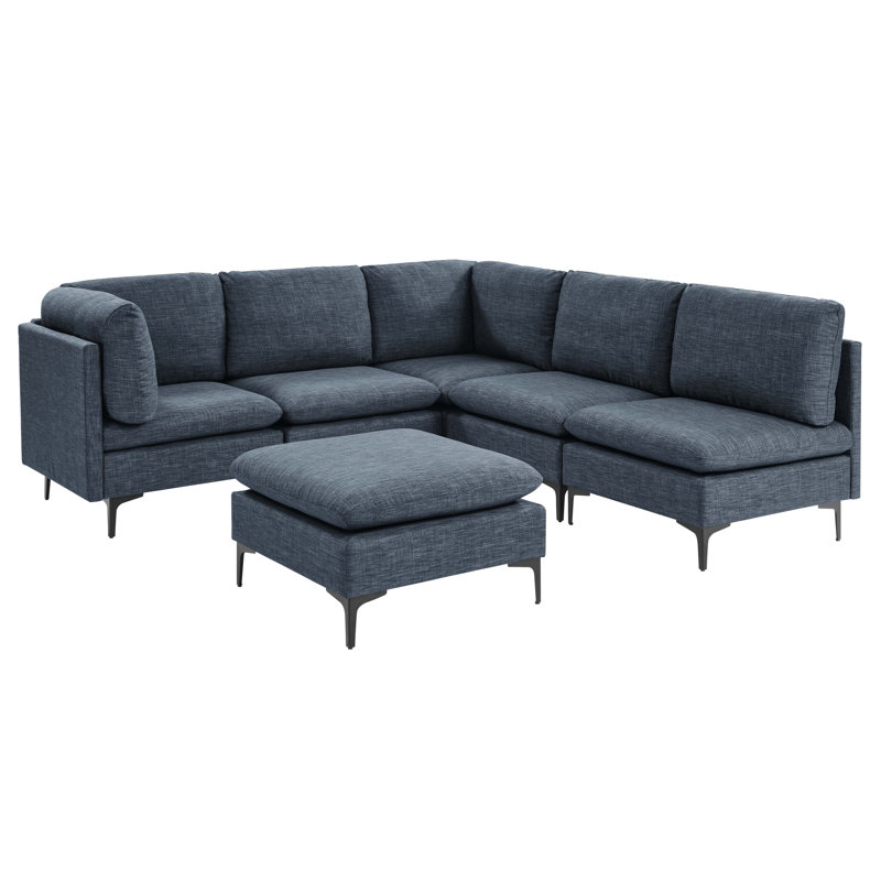 Linen Modular Sectional Sofa with Custom Configuration, Dark Blue Linen, 35" H x 93.5" W x 91" D, Symmetrical