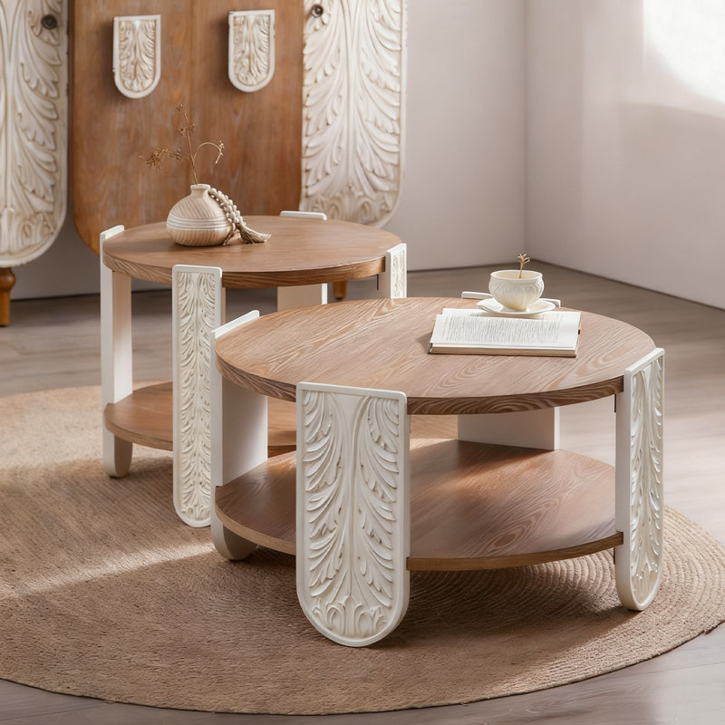 Ensemble de tables basses rondes en bois manufacturé rétro en noyer massif