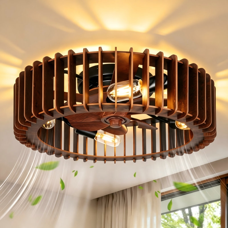 20 Inch DC Motor Flush Mount Ceiling Fan,7 Blade Caged Ceiling Fan with Light,  E26 Socket Wooden Bladeless Ceiling Fan, Remote Control Reversible Ceiling Fan for Bedroom, Living Room, Kitchen
