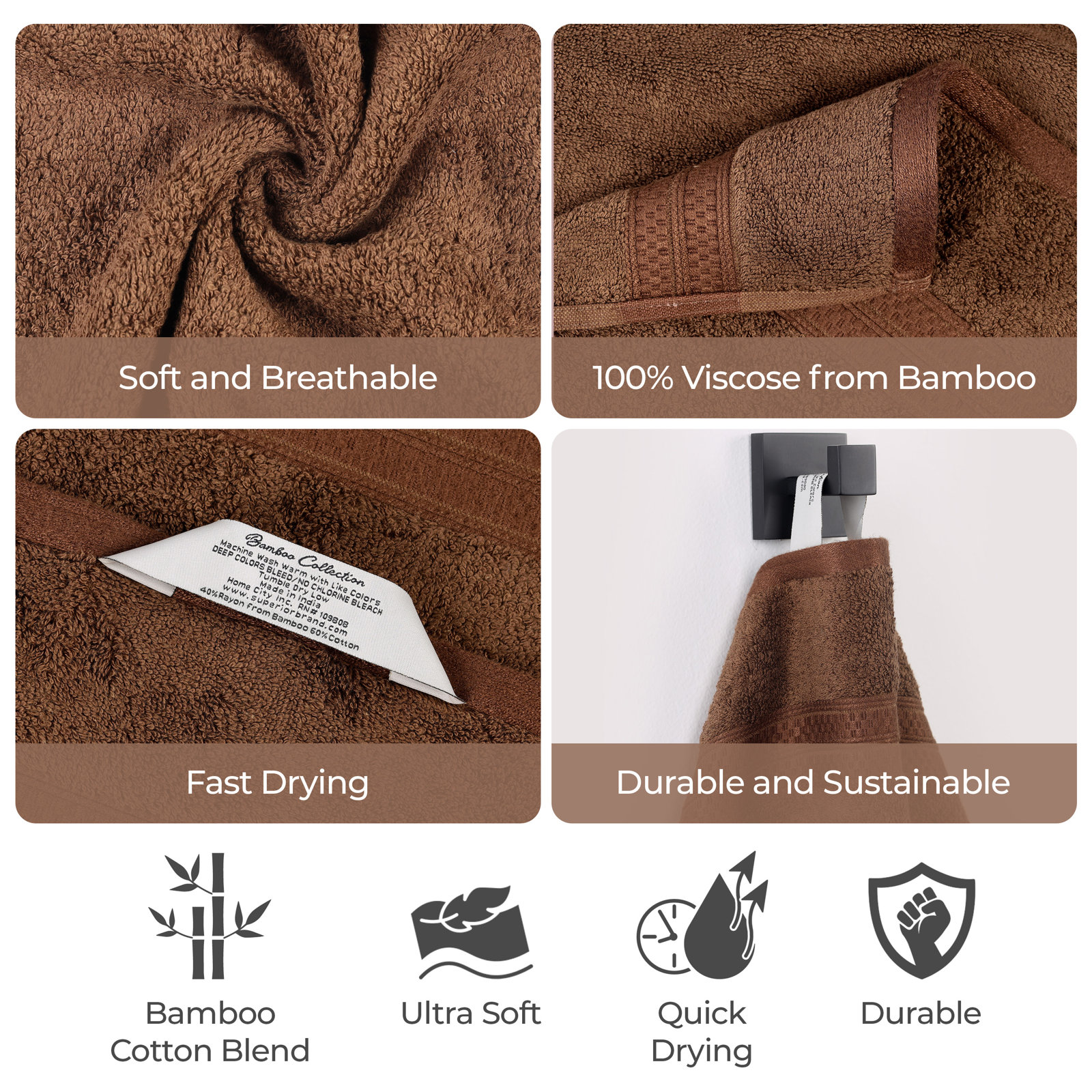 Nolhan 6-Piece Bamboo Cotton Towel Set, Cocoa