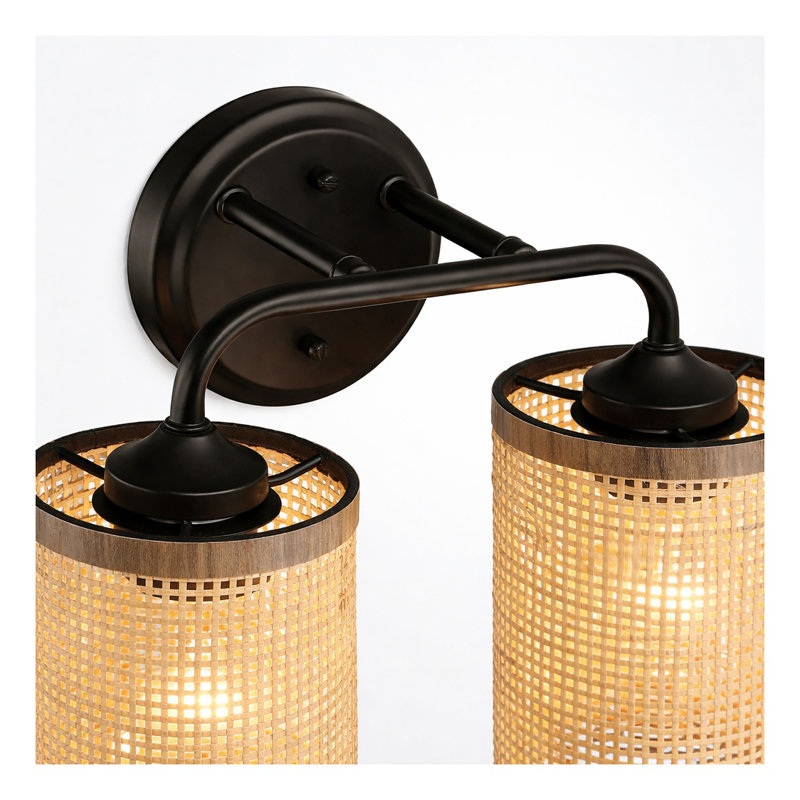 Meuble-lavabo double avec abat-jour en rotin naturel Quell