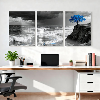 «Ocean Waves and Blue Tree», ensemble de 3 reproductions d'art sur toile tendues avec paysage abstrait moderne