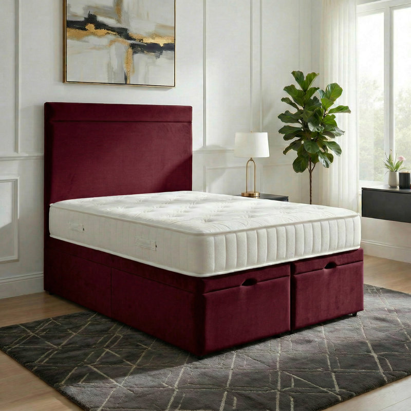 Upholstered Ottoman Bed, King, Maroon