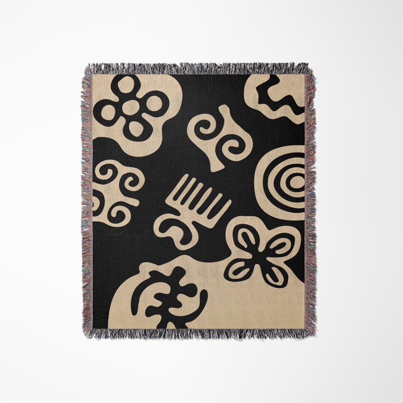 Couverture 100% coton African Tribal, Jeté, Noir / Beige