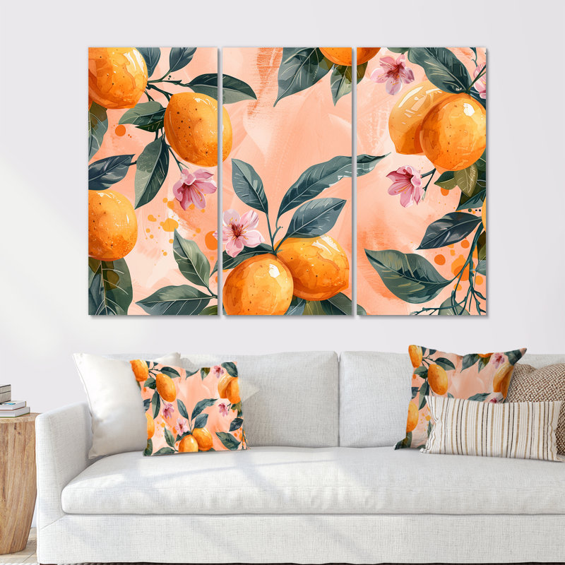Yellow Pink Floral Orange Trees III - Fruits Wall Art Set, Wrapped Canvas, 32" H x 48" W