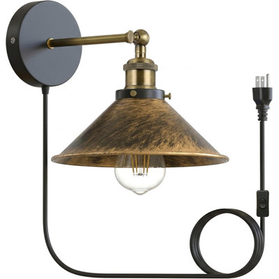 Industrial Plug in Wall Light with Adjustable Head, Metal Cone Shade E26 Wall Lamp with On Off Switch for Bedroom Bedside Living Room Kitchen