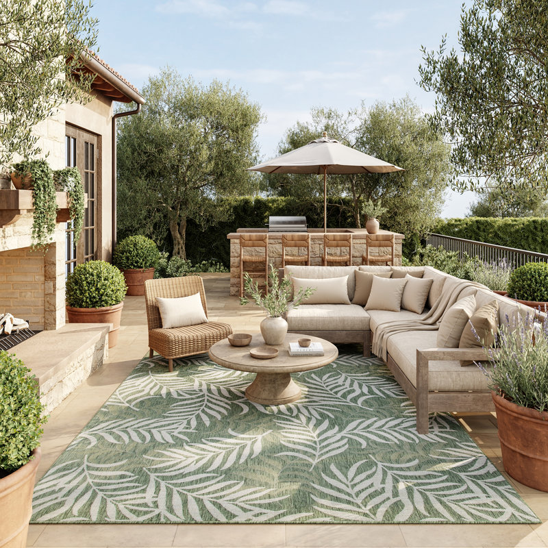 Tapis d'extérieur vert ivoire Bay Isle Home ™ Garden Oasis, Rectangle 9 pi x 12 pi