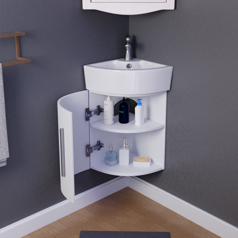 Eutropia White Corner Bathroom Cabinet Sink Wall Mount With Faucet Drain and Overflow, White