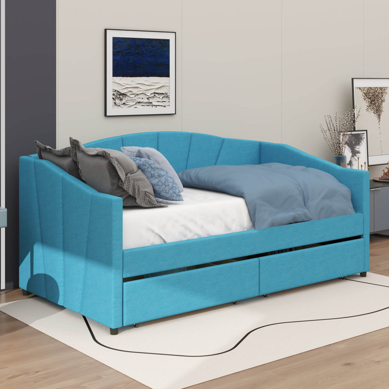 Upholstered Twin Size Daybed With Two Drawers, Blue