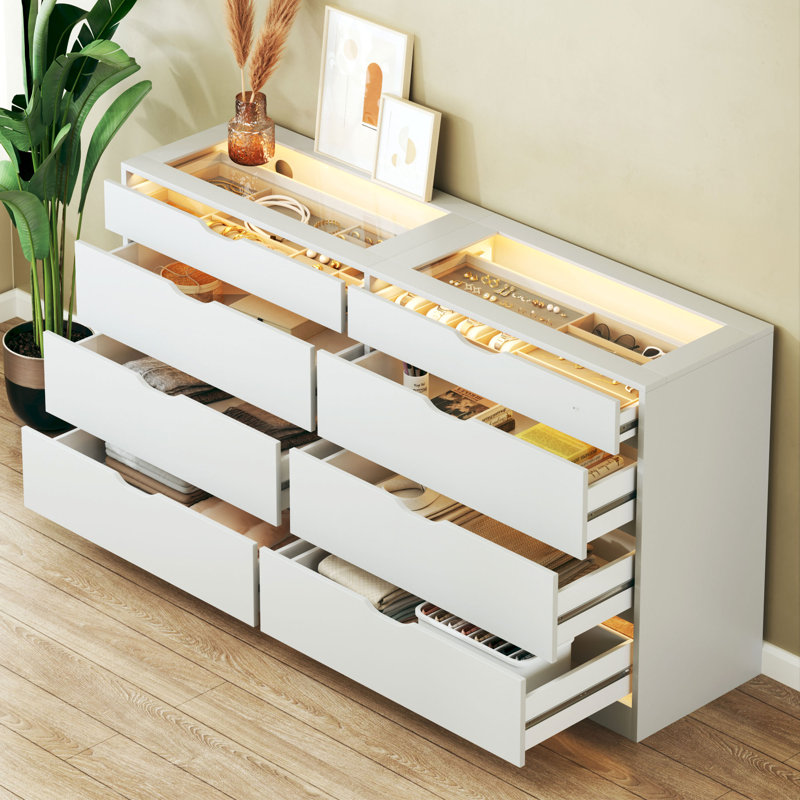 Commode 8 tiroirs blanche avec plateau en verre
