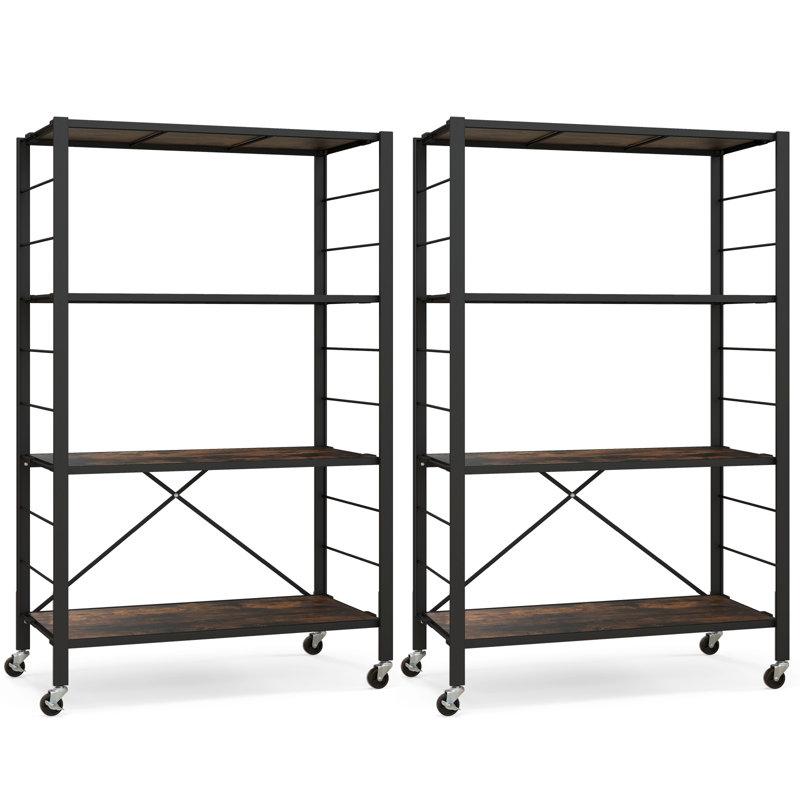 2pcs 4-Tier Foldable Storage Shelf Collapsible Shelving Unit Display w/ Lockable Wheels Storage Rack