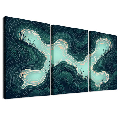 Ensemble de 3 toiles murales représentant une rivière turquoise stylisée dans un marais vert