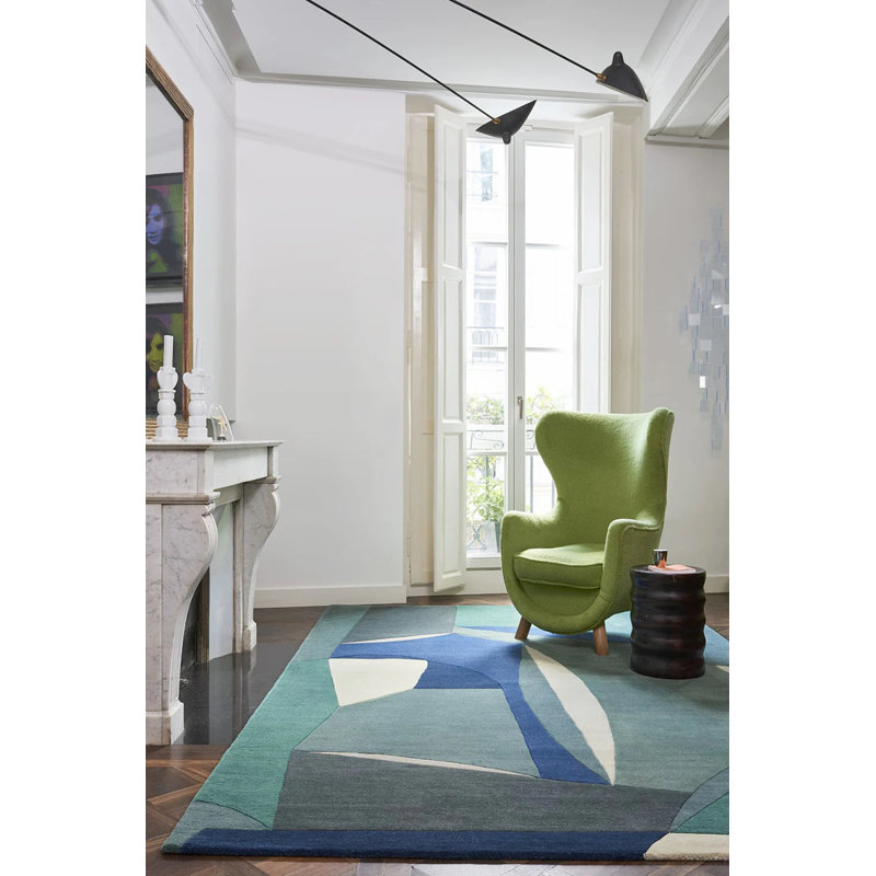 Polia Hand Tufted Wool Abstract Area Rug in Teal/Navy/Gray/Ivory