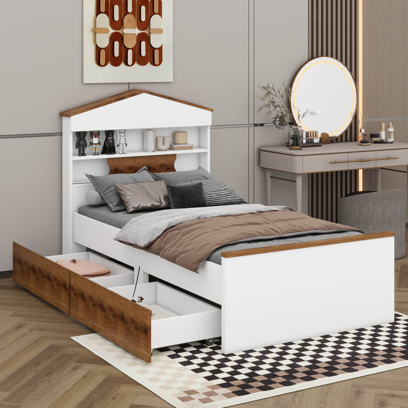 Lit simple en bois en forme de maison avec deux tiroirs de rangement intégrés, Brun / Blanc
