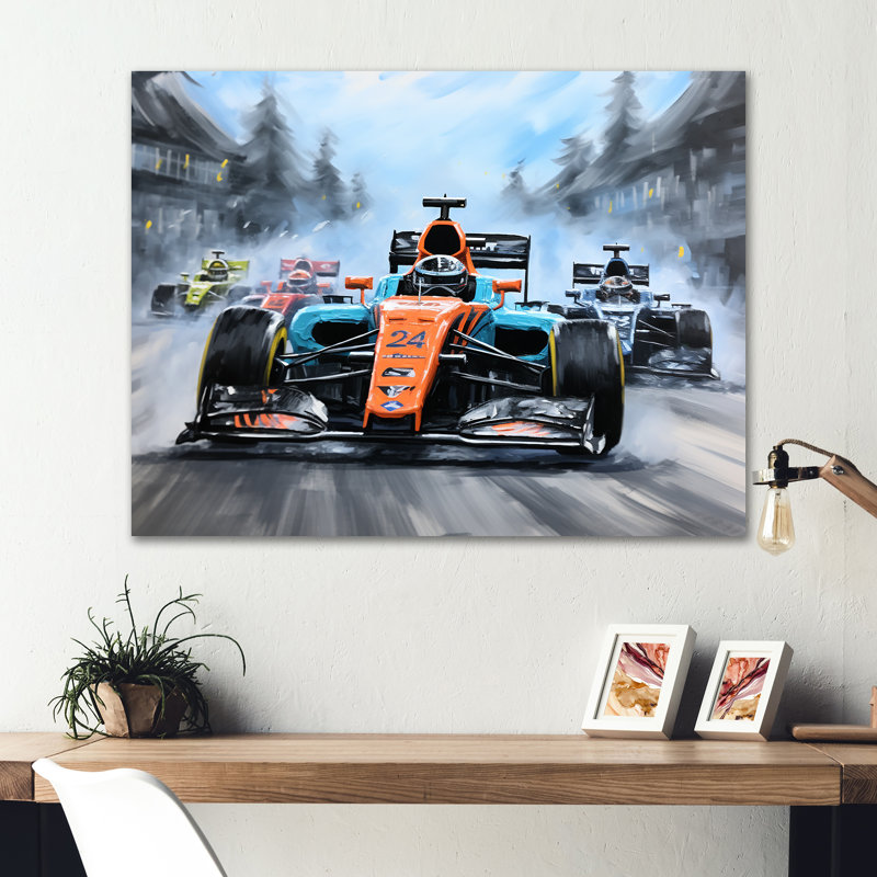 Orange And Blue Formula Car Race Tracks - Race Tracks Metal Wall Art MT135826, 12" H x 20" W x 1" D