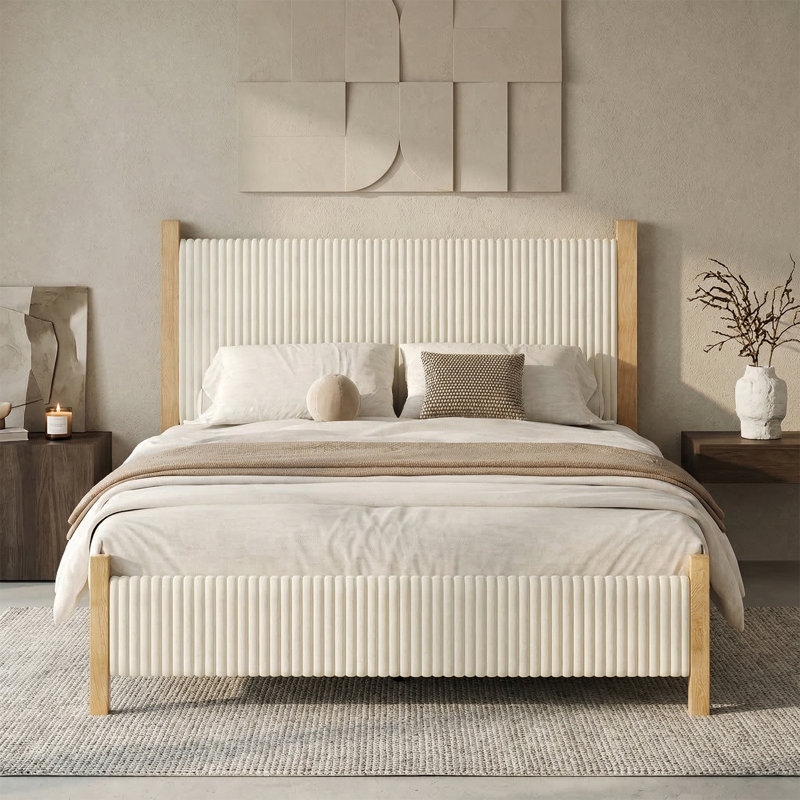 Bed Frame and Headboard, Corduroy Upholstered Bed Frame, Vertical Channel Design Headboard, Beige, Queen