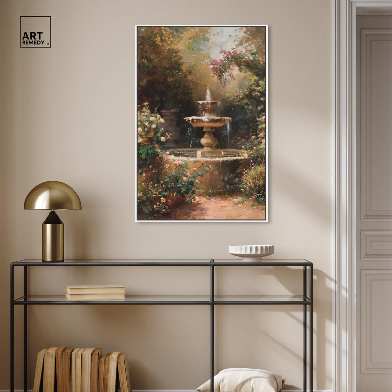 Fontaine d'art perdue avec art rétro, H 24 po x l 36 po, Cadre blanc